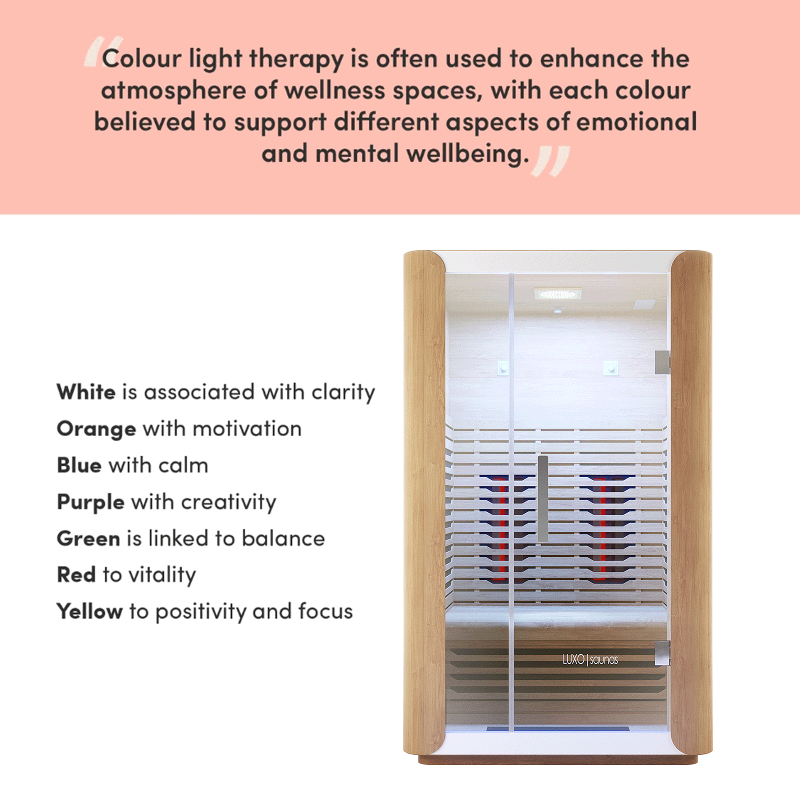 Lue 2 Person Full Spectrum Curved Infrared Indoor Home Sauna with glass front, LED lighting, and wooden construction. Features include a tempered glass door, easy touch control panel, and comfortable seating for two.