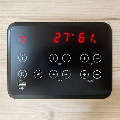 Black digital control panel for Lue 2 Person Full Spectrum Curved Infrared Indoor Home Sauna, featuring temperature, time, lighting, and audio controls, including red LED display showing “27°C” and “61”.