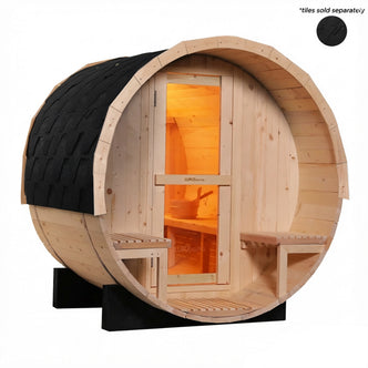 Luola 2 Person Pine Outdoor Barrel Sauna & Harvia Stove with a wooden barrel shape, glass door, sauna bucket, exterior benches, and a shingled roof for backyard relaxation and wellness.