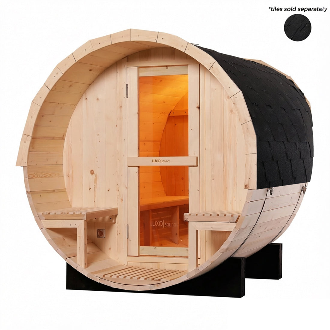 Luola 2 Person Pine Outdoor Barrel Sauna & Harvia Stove features a light timber barrel design with glass door, interior benches, exterior seating, black shingle roofing, and rests on black support beams.
