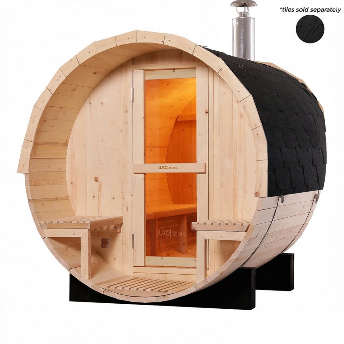 Luola 2 Person Pine Outdoor Barrel Sauna & Wood Stove: Wooden barrel-shaped sauna with interlocking staves, glass door, exterior and interior benches, and a stainless-steel chimney for wood-burning heat.