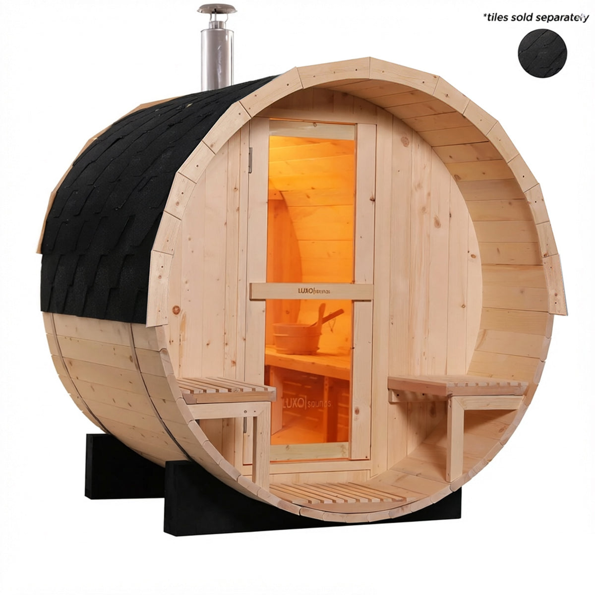 Luola 2 Person Pine Outdoor Barrel Sauna & Wood Stove featuring a light-colored timber barrel shape, full-height glass door, and small benches. Inside, see wood-lined walls and traditional sauna bucket.