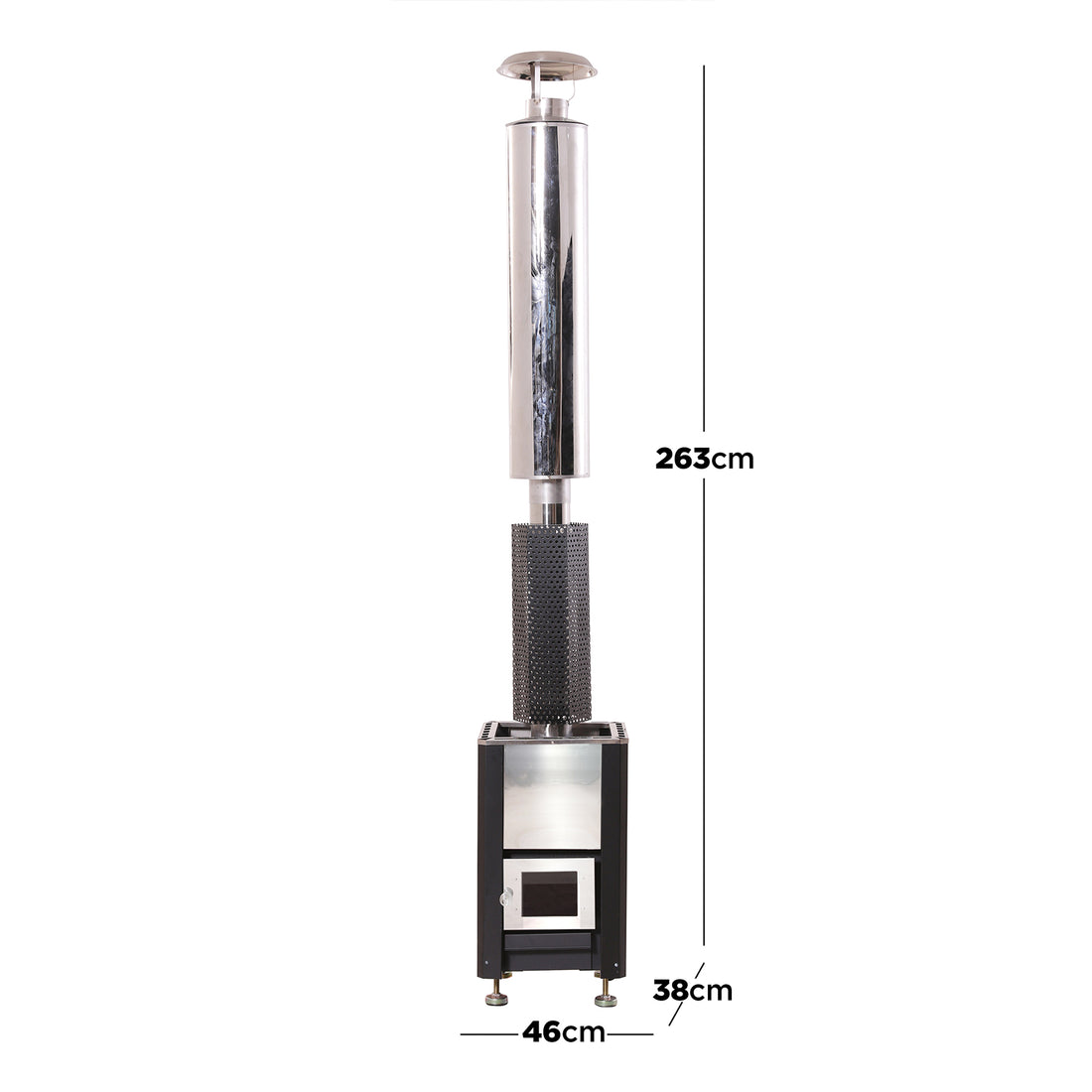 Luola Wood Burning Stove for Luola Outdoor Barrel Saunas, featuring a small freestanding firebox with a loading door, topped by a tall stainless-steel chimney, measuring 46x38x263 cm for sauna heating.