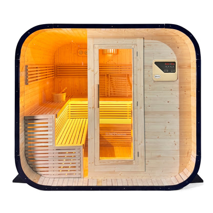 Outdoor barrel sauna with dimensions, glass door and timber interior