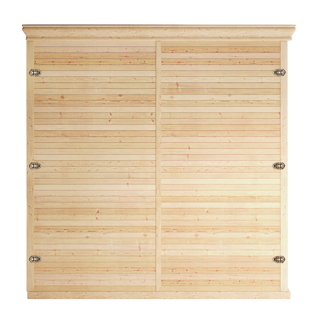Metsa 3-Person Hybrid Carbon Fibre Infrared Home Sauna with large wooden tambour doors, featuring narrow horizontal slats, metal latches, and a spacious interior designed for indoor installation.