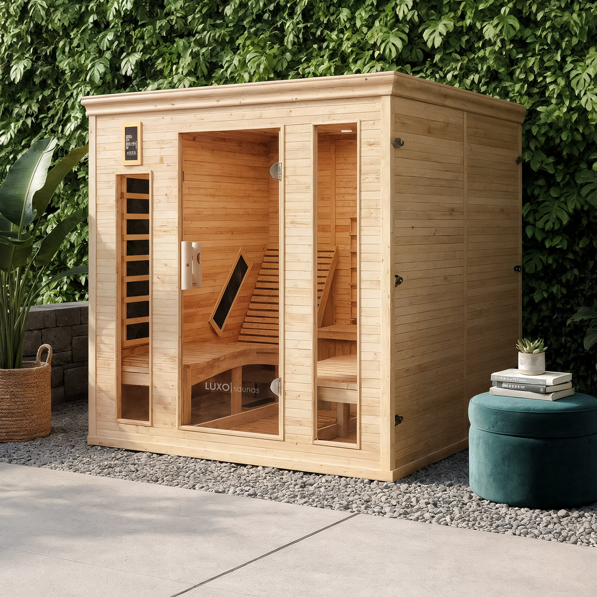 Metsa 3 Person Hybrid Carbon Fibre Infrared Home Sauna with light wood and tall glass panels, featuring L-shaped benches and an infrared heater, nestled amid greenery, offering serene relaxation.