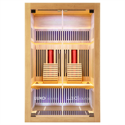 Close-up view of the Runko 2 Person Canadian Hemlock Carbon Fibre Infrared Sauna, highlighting the sleek wood slat design, precise wall construction, and an elegant sign marking its innovative, artistic craftsmanship.