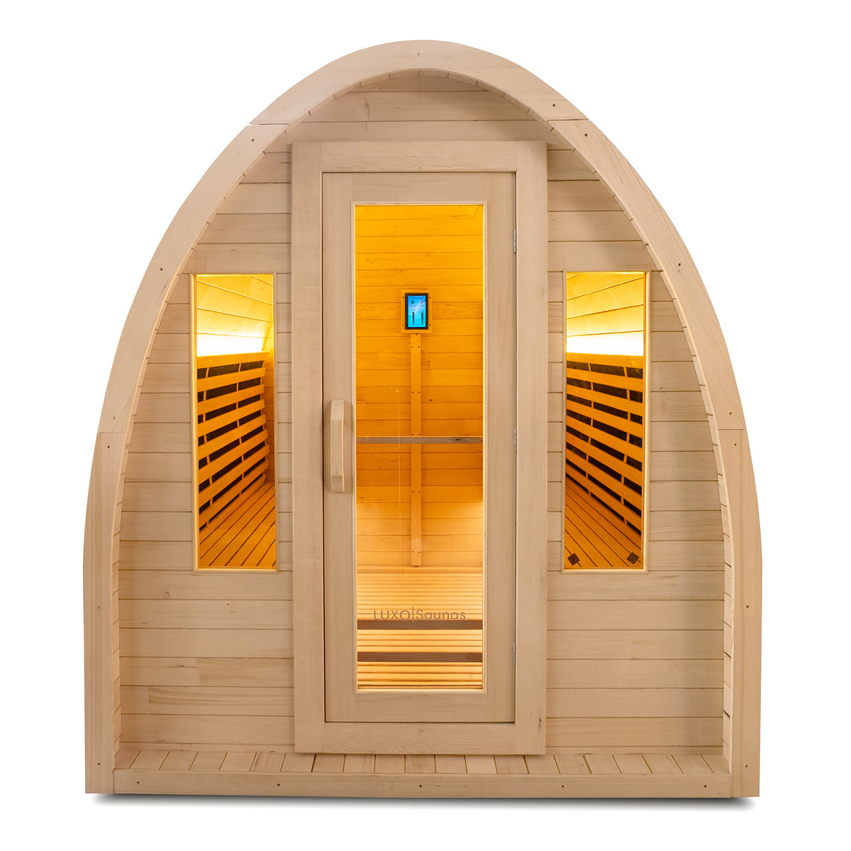 Freestanding wooden sauna with arched roof and lit interior on a white background