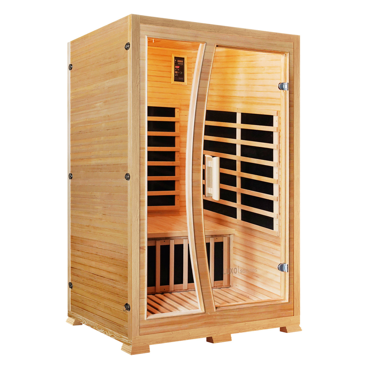 Valo 2-Person Canadian Hemlock Carbon Fibre Home Sauna Cabin with glass doors and Canadian Hemlock wood construction, showcasing a sleek design ideal for home installation and relaxed sauna experiences.