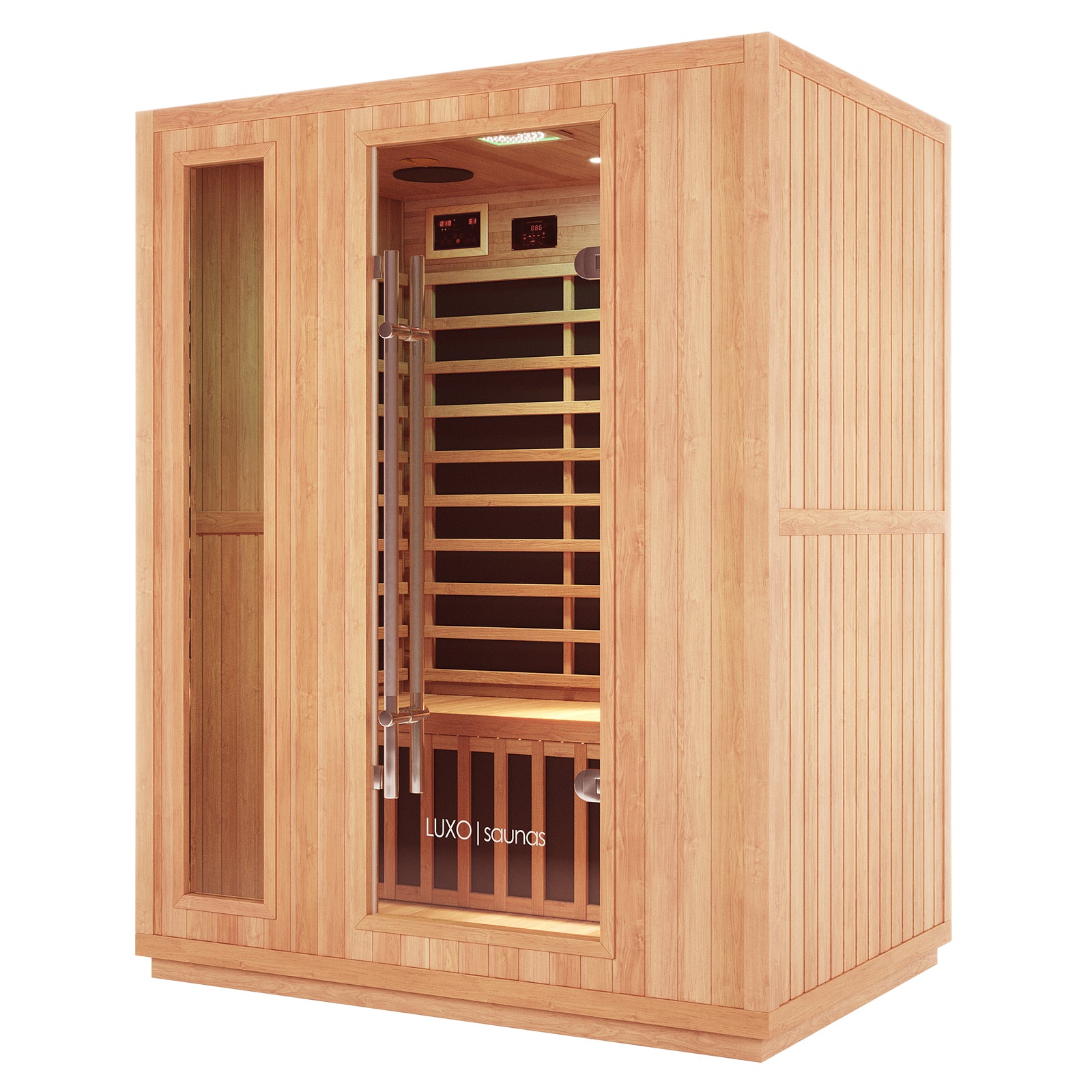 Valo 3-Person Infrared Home Sauna with open wooden door, showcasing Canadian Hemlock construction and a stainless steel handle, designed for relaxation and detoxification with advanced infrared heating features.