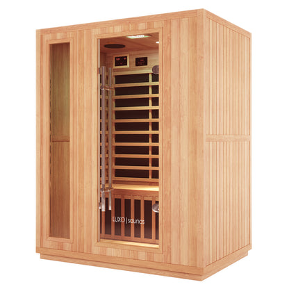 Valo 3-Person Infrared Home Sauna with open wooden door, showcasing Canadian Hemlock construction and a stainless steel handle, designed for relaxation and detoxification with advanced infrared heating features.