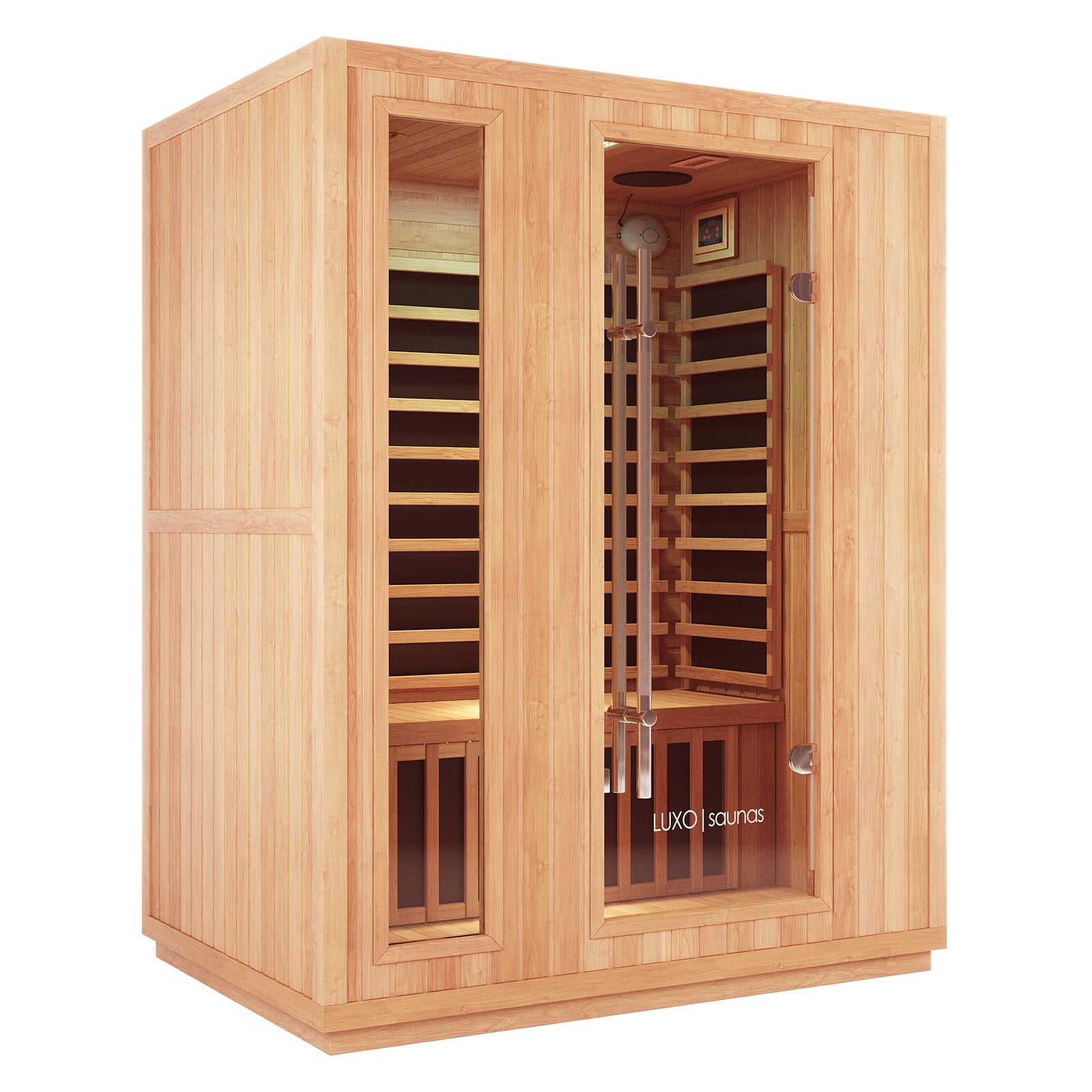 Valo 3-Person Infrared Home Sauna featuring a wooden structure with glass doors and a sleek stainless steel handle, designed for luxurious home relaxation and detoxification.