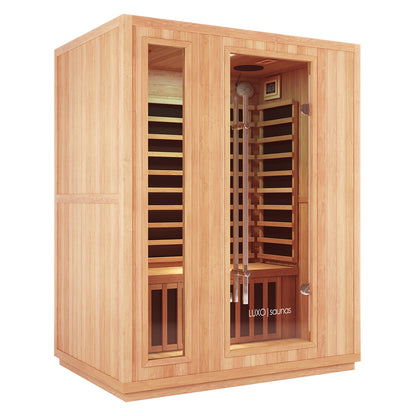 Valo 3-Person Infrared Home Sauna featuring a wooden structure with glass doors and a sleek stainless steel handle, designed for luxurious home relaxation and detoxification.