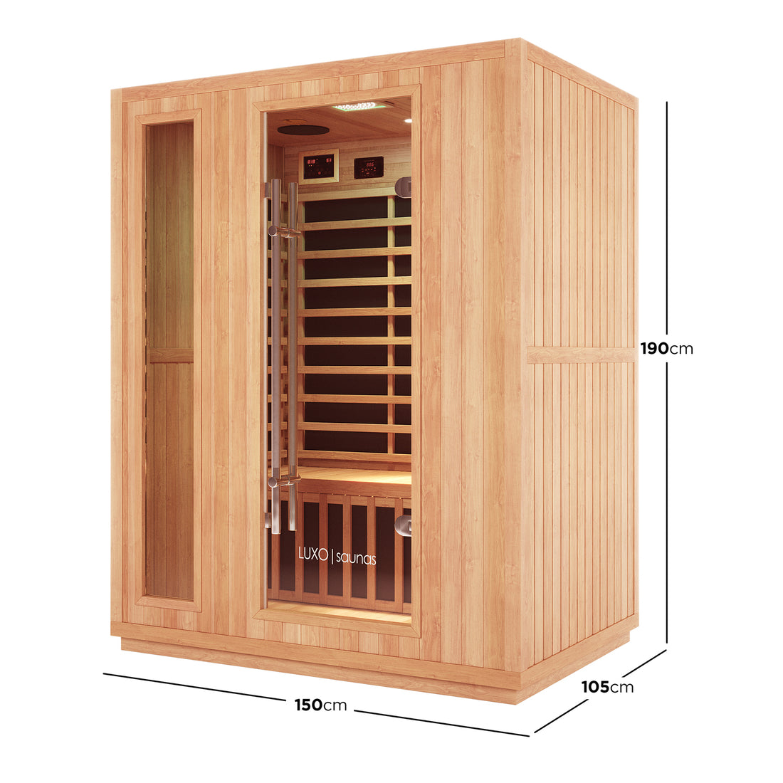 Valo 3 Person Carbon Fibre Infrared Indoor Sauna features a light-toned wood cabin with a full-length glass door, visible wooden bench, infrared heating panels, digital controls, and a distinctive luxury design.