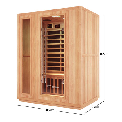 Valo 3 Person Carbon Fibre Infrared Indoor Sauna features a light-toned wood cabin with a full-length glass door, visible wooden bench, infrared heating panels, digital controls, and a distinctive luxury design.