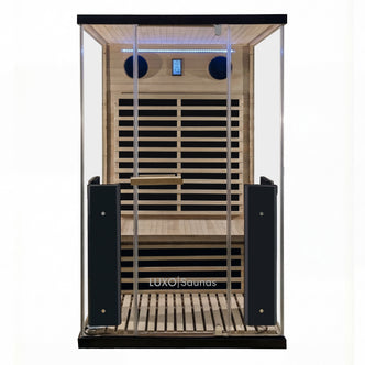 Modern glass-front sauna cabin on a white background