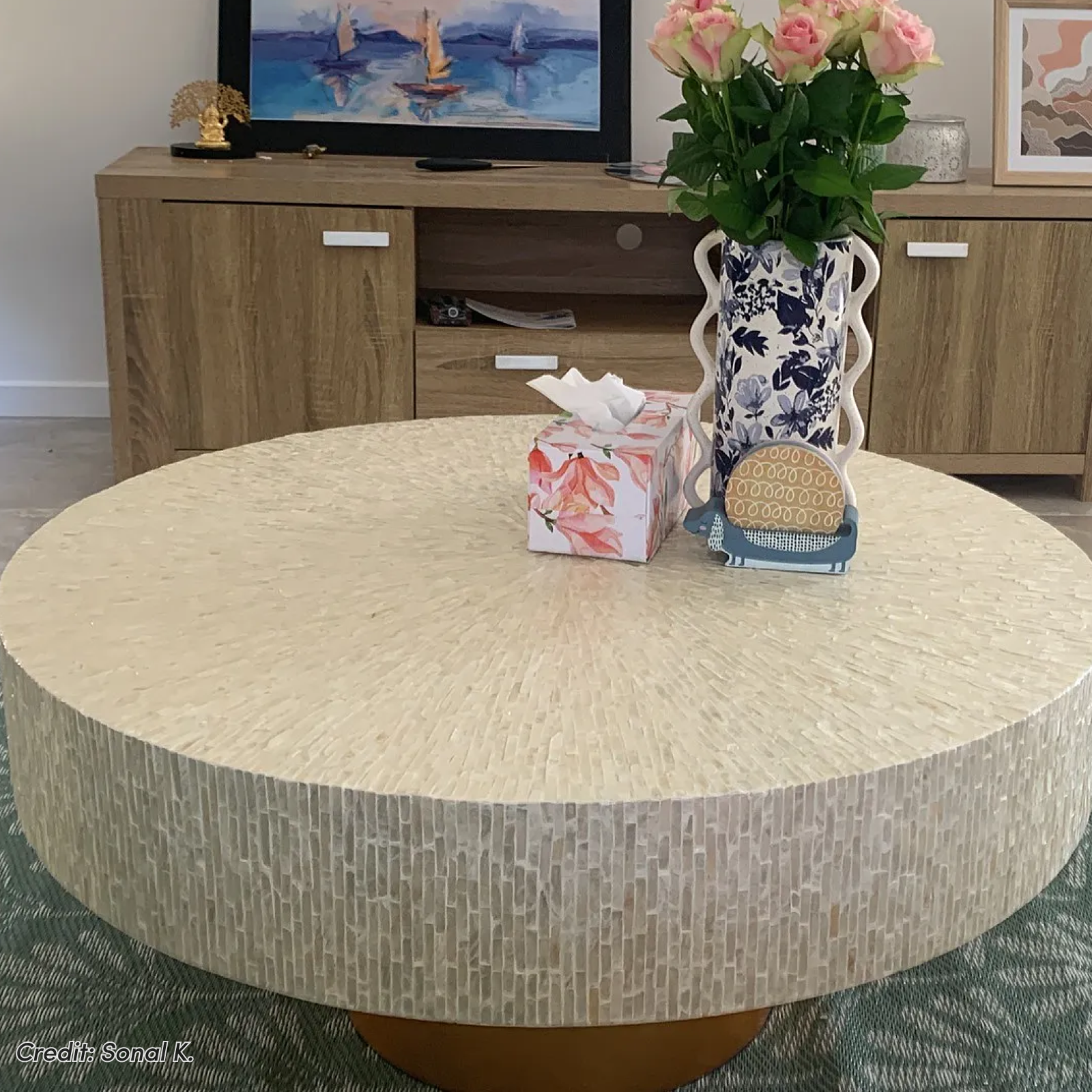 Abelene round mother of pearl coffee table with cream mosaic top and gold base
