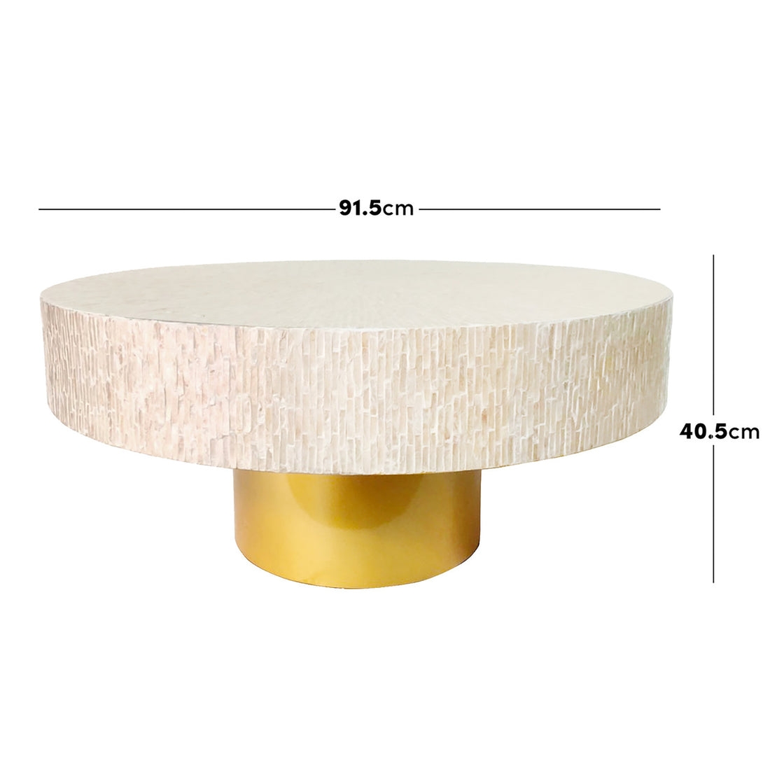 Close-up of the Abelene 91cm Mother of Pearl Inlay Coffee Table with intricate mother of pearl mosaic and cylindrical gold pedestal, capturing its luxurious, handcrafted design inspired by the art deco era.