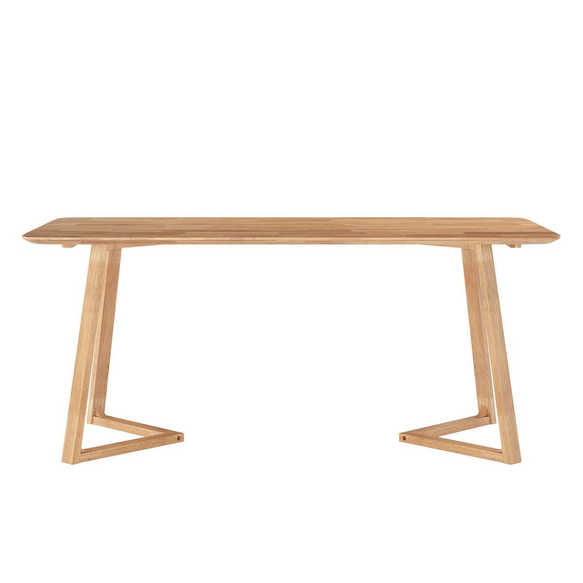 Adelina 180cm Rectangular Hardwood Dining Table features a light-wood top with rounded corners and A-frame legs, combining modern simplicity with durable craftsmanship for versatile dining spaces.
