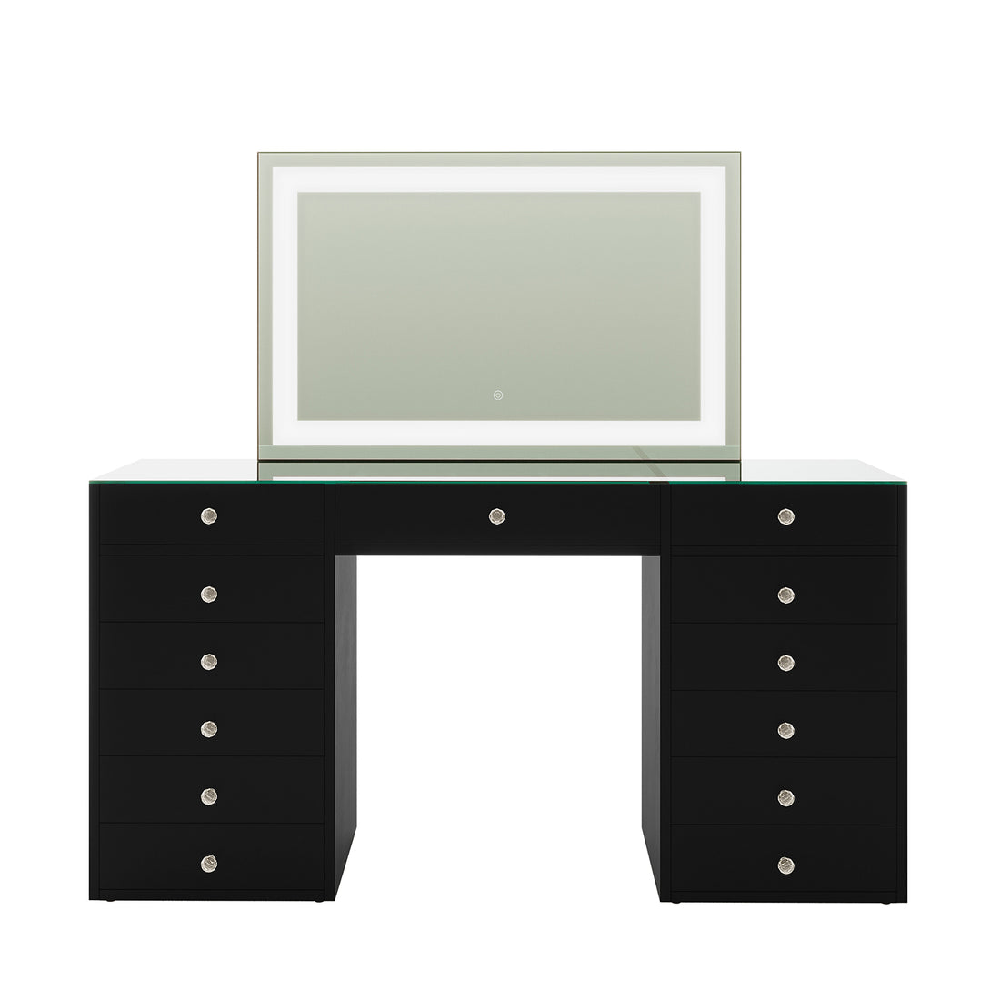 Adeline Makeup Vanity Table with LED Mirror in Black: Black unit features 12 drawers with crystal knobs, a glass top, and a large LED-lit mirror with touch-sensitive controls for adjustable lighting.