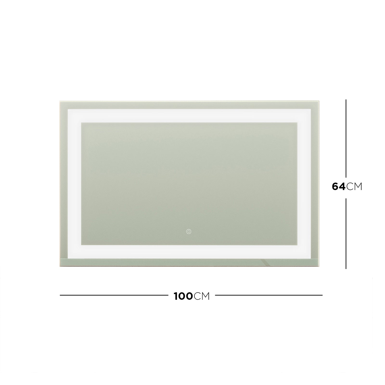 Adeline Wall Mount Touch Screen Mirror with LED Light in Black, featuring a rectangular shape with illuminated inner border, touch-sensitive on/off switch at lower center, and sleek black frame for contemporary style.