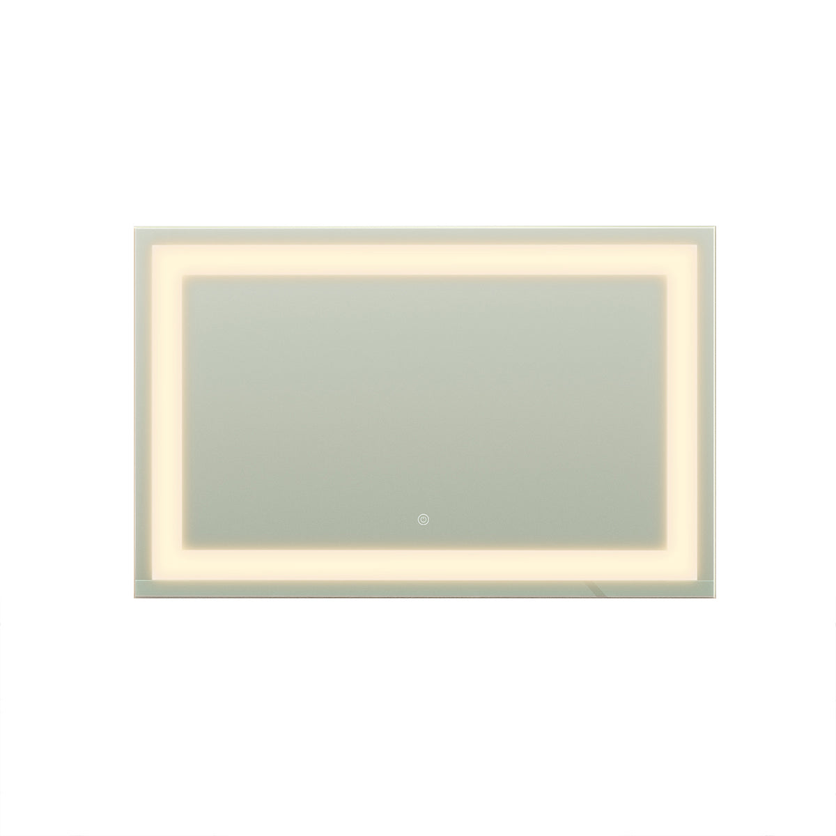 Adeline Wall Mount Touch Screen Mirror with LED Light in White, featuring a rectangular shape, integrated LED light strip, and a touch-sensitive power icon at the bottom center for modern, illuminated grooming.