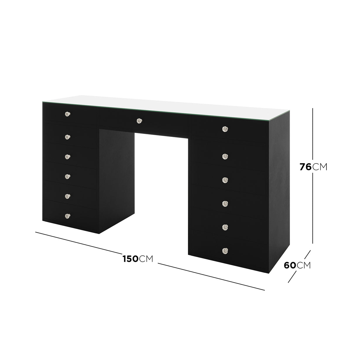 Adeline Glass Top Storage Makeup Dressing Table Desk in Black features a mirrored top, double pedestals with 13 drawers, and faceted crystal knobs, offering chic, organized storage for beauty essentials.