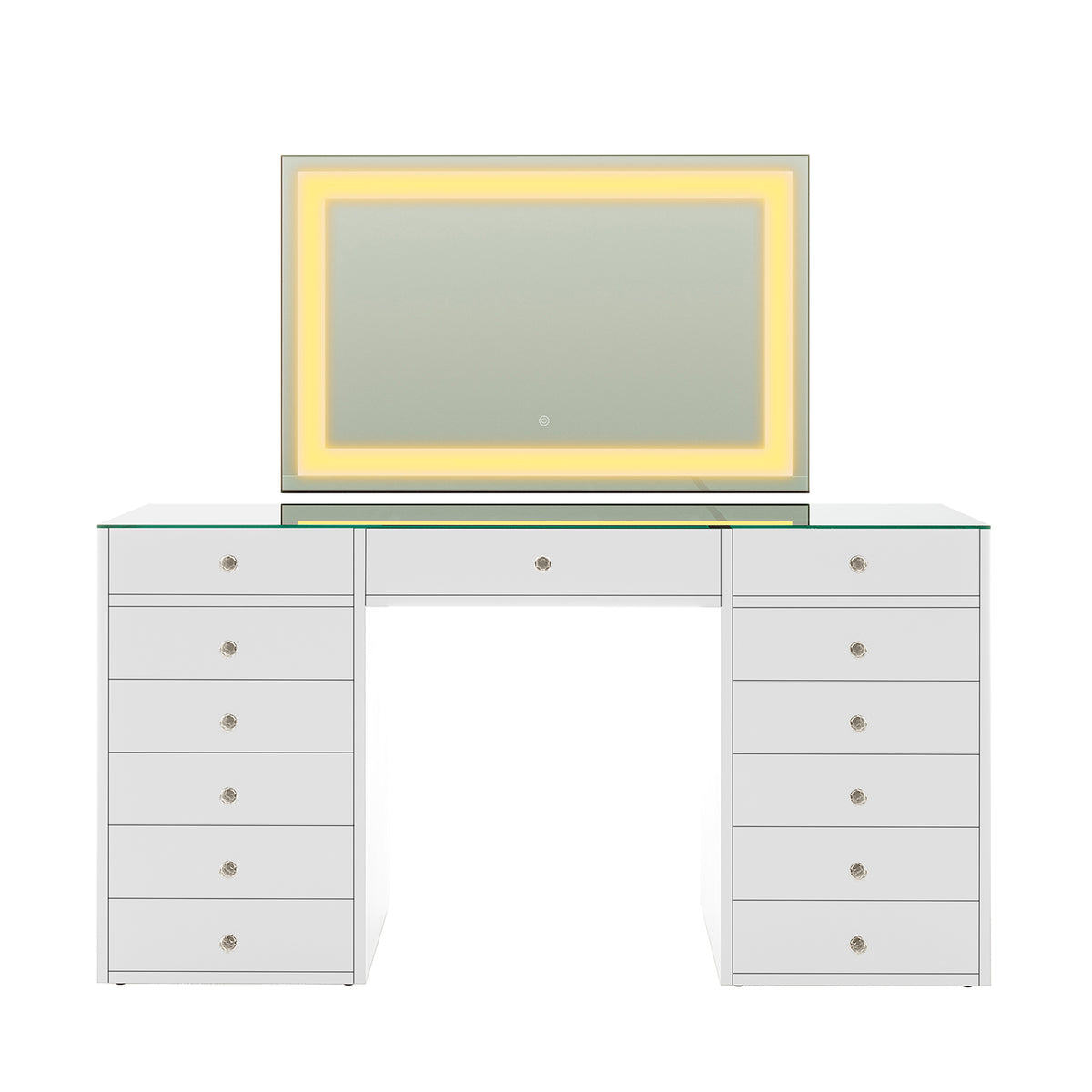 Adeline Makeup Vanity Table with LED Mirror in White features a glass top, two pedestal bases with six drawers each, a central drawer, and a large LED-backlit mirror.
