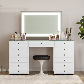 Adeline Makeup Vanity Table with LED Mirror in White features a sleek desk with a glass top, LED-lit mirror, and organized beauty essentials, complemented by a tulip-style stool for a modern aesthetic.