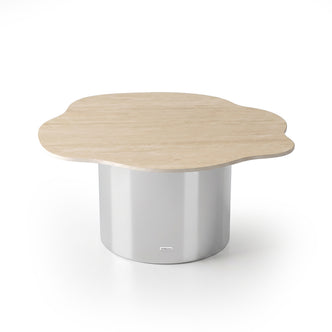 Modern organic-shaped wooden table with a cylindrical metallic base on a white background