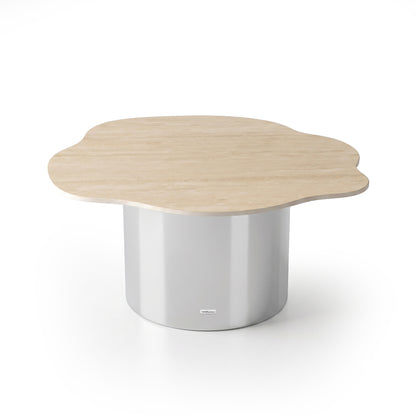 Modern organic-shaped wooden table with a cylindrical metallic base on a white background