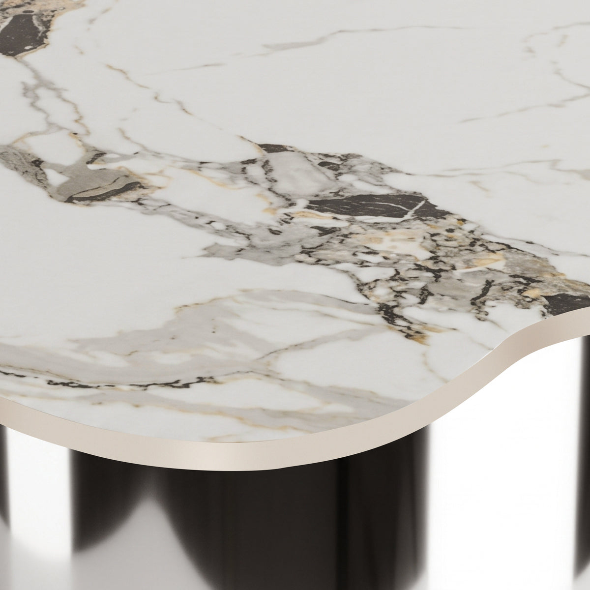 Close-up of a table edge and marble-like surface detail on a white background