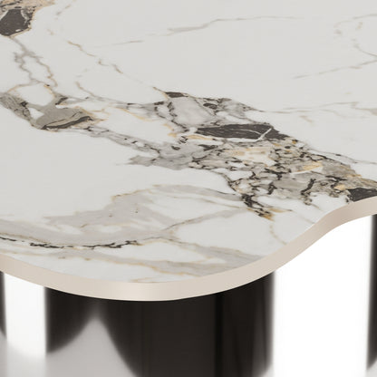 Close-up of a table edge and marble-like surface detail on a white background