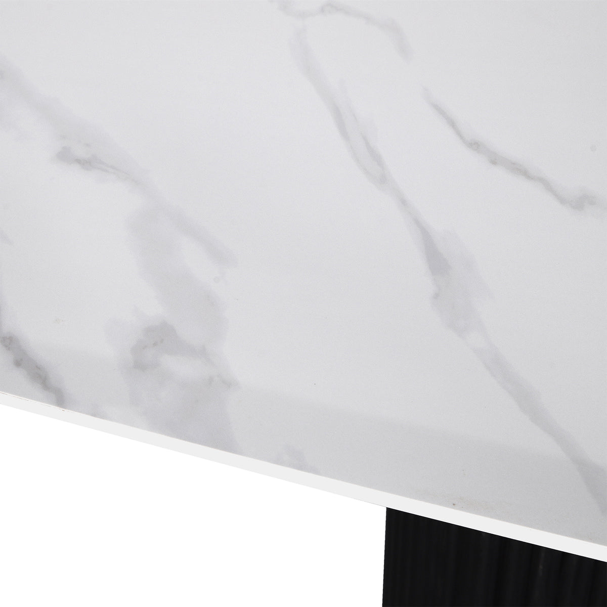 Aeris 180cm Marble Look Dining Table with Wood Base in Black, showcasing a white marble-patterned tabletop with subtle gray veining and a sturdy black support leg underneath.