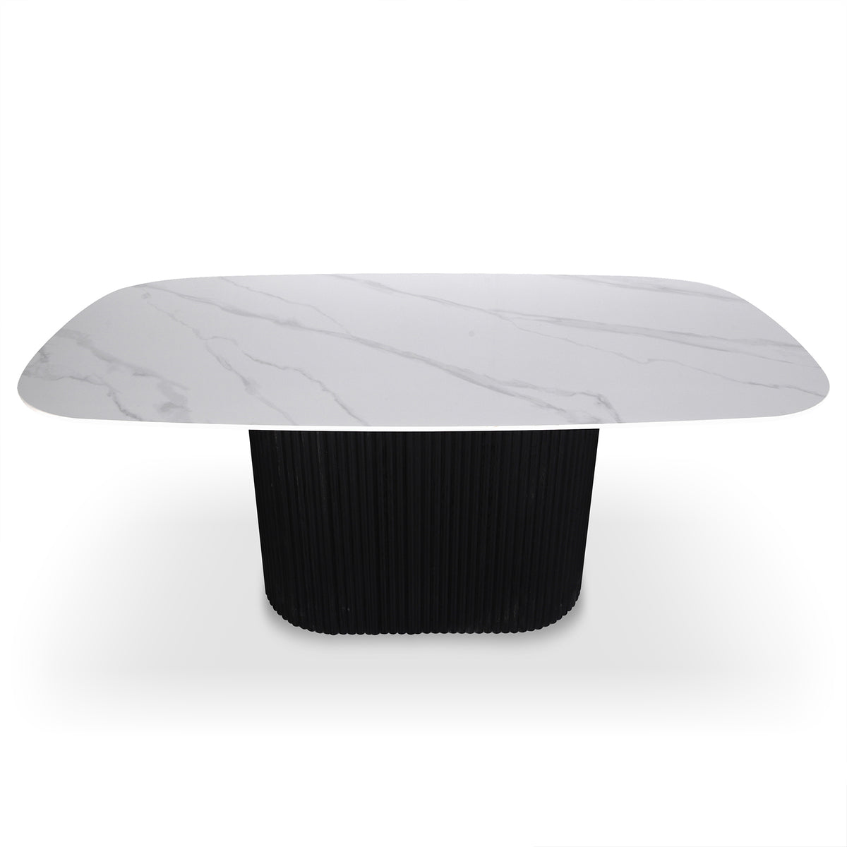 Aeris 180cm Marble Look Dining Table With Wood Base in Black features a white marble-look top with grey veining and a fluted black pedestal base, offering modern elegance and practicality.