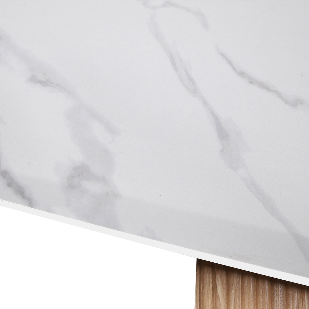 Aeris 180cm Marble Look Dining Table With Wood Base in Oak features a white marble-patterned top with subtle gray veining, resting on an unfinished wood base, showcasing modern elegance and durability.