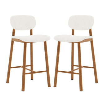 Afrim Boucle Upholstered High-Back Bar Stool Set of 2 features white boucle upholstery, high backrests, and sturdy wooden legs, ideal for enhancing modern kitchen or bar spaces.