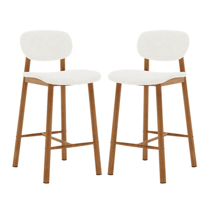 Afrim Boucle Upholstered High-Back Bar Stool Set of 2 features white boucle upholstery, high backrests, and sturdy wooden legs, ideal for enhancing modern kitchen or bar spaces.