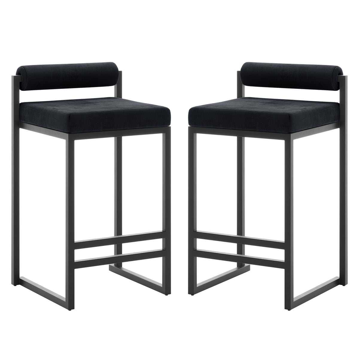 Aivy Velvet Bar Stool Black Set of 2 showcasing sleek design with velvet upholstered seats and matte black metal frames. The stools are ideal for contemporary dining spaces, emphasizing modern comfort and functionality.