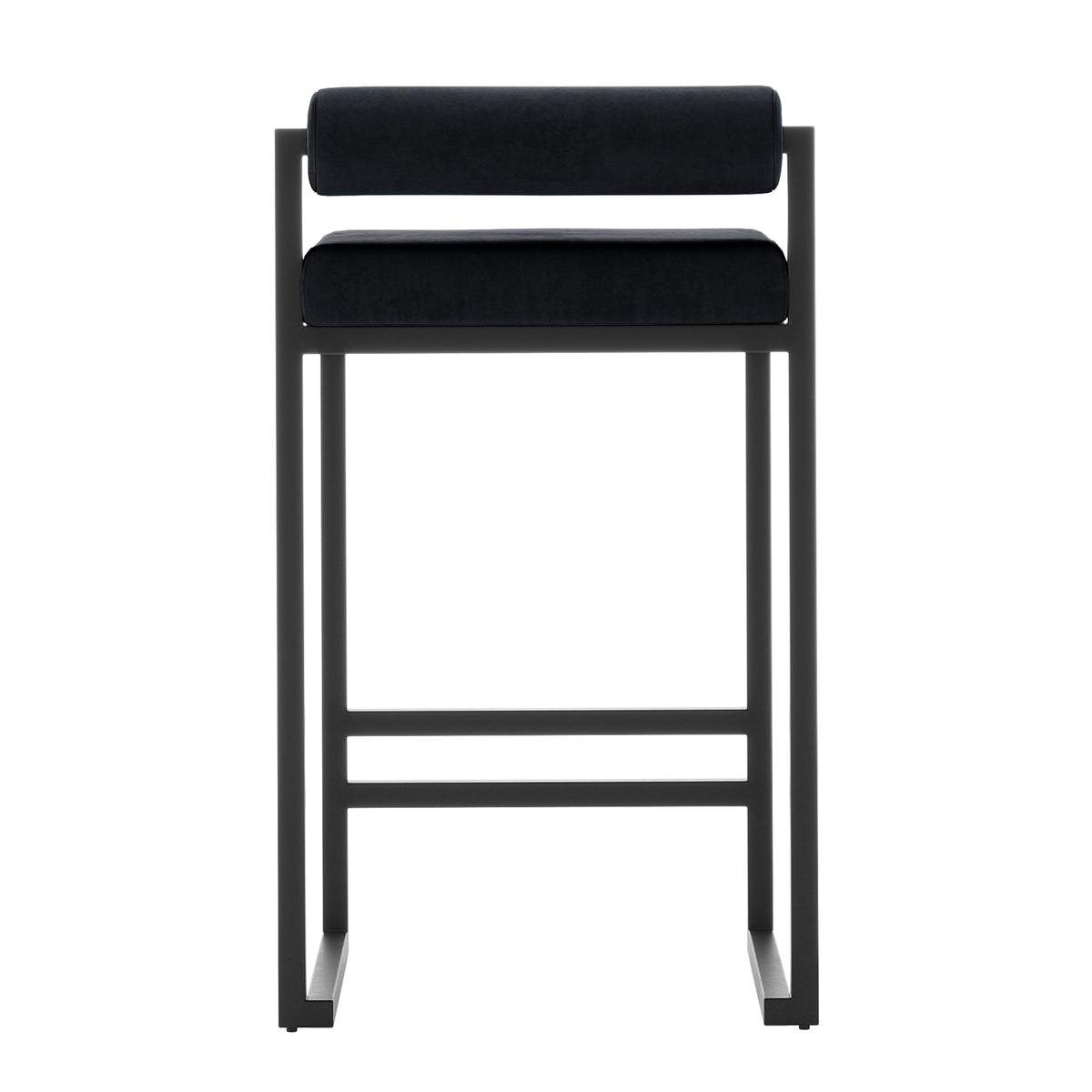 Aivy Velvet Bar Stool Black Set of 2 featuring sleek black metal frames and plush velvet seats with thick foam padding, designed for modern dining spaces.