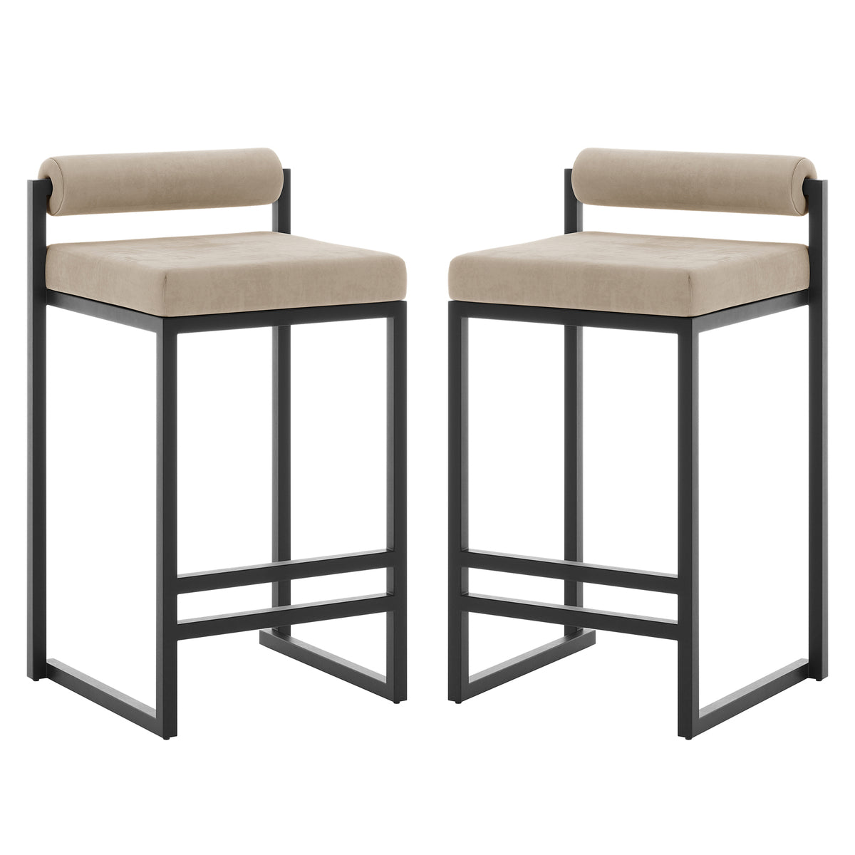 Aivy Velvet Bar Stool - Set of 2, featuring plush foam padding and a sturdy black metal frame with built-in footrests, shown against a white background with a focus on design craftsmanship.