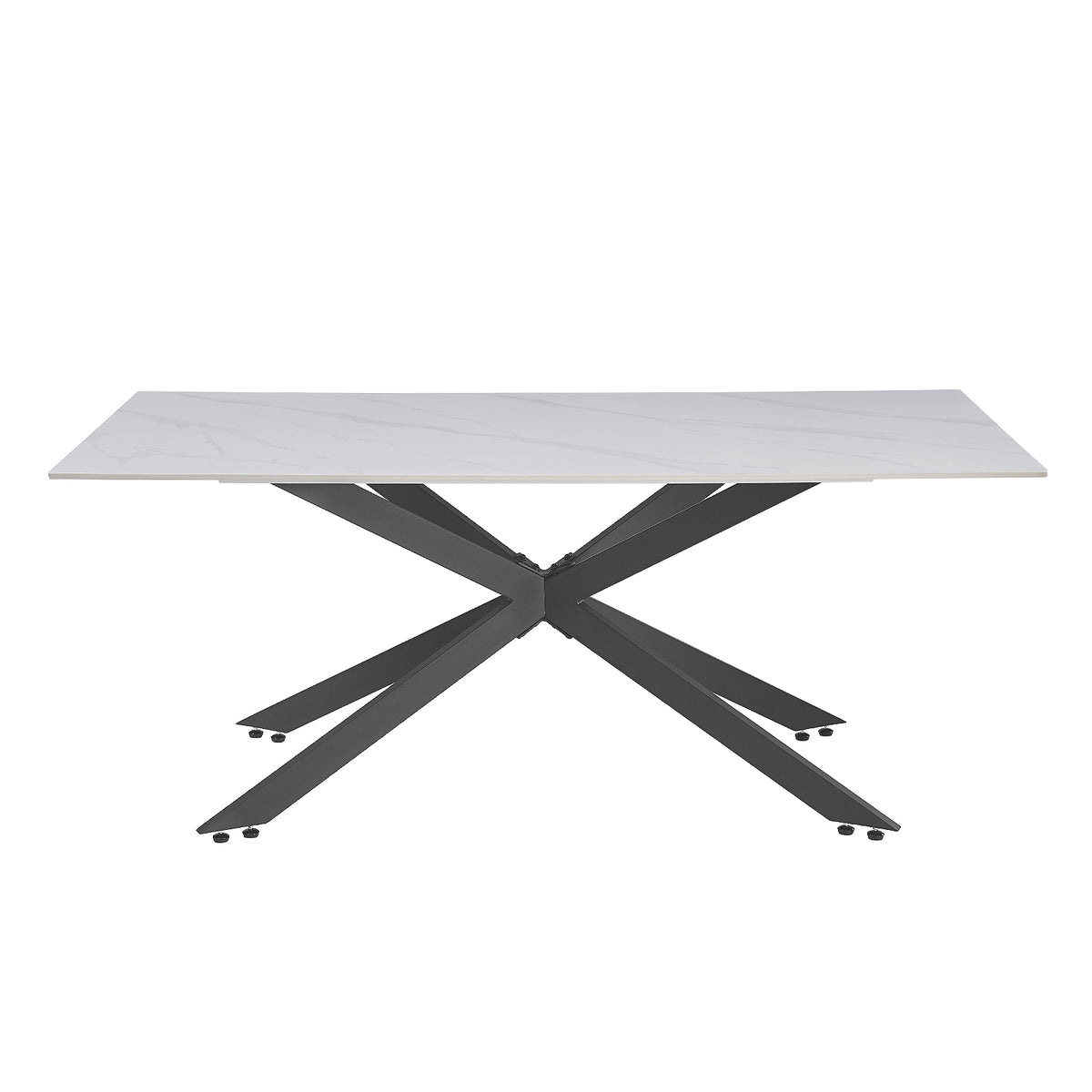 Alfred 180cm Modern Pedestal Dining Table - White Marble features a sleek white marble-look top with a spider-like black metal base, ideal for seating six, blending modernity and elegance.