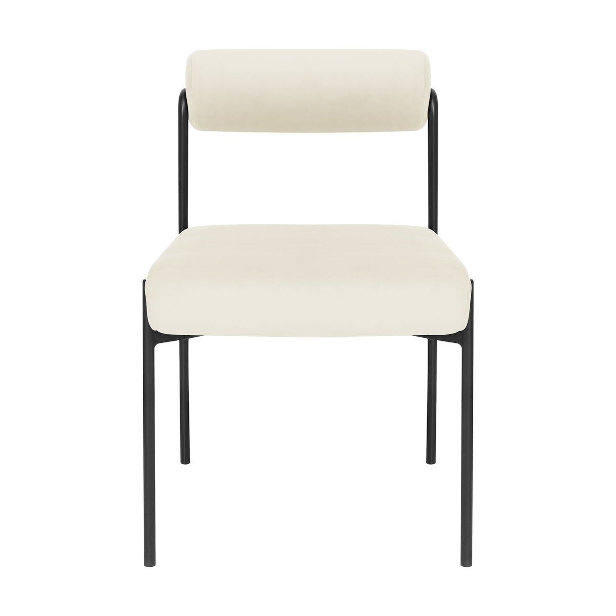 Alona Modern Velvet Dining Chair Set of 2 in Cream White, featuring a minimalist design with a slim black-metal frame, padded cream seat, and cylindrical backrest, exuding elegance and modern simplicity.