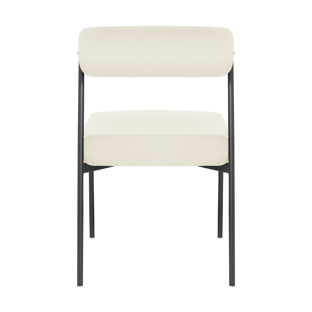 Alona Modern Velvet Dining Chair Set of 2 in Cream White features a slim black metal frame, light upholstered seat and cylindrical backrest, offering a sleek, minimalist design ideal for contemporary dining spaces.