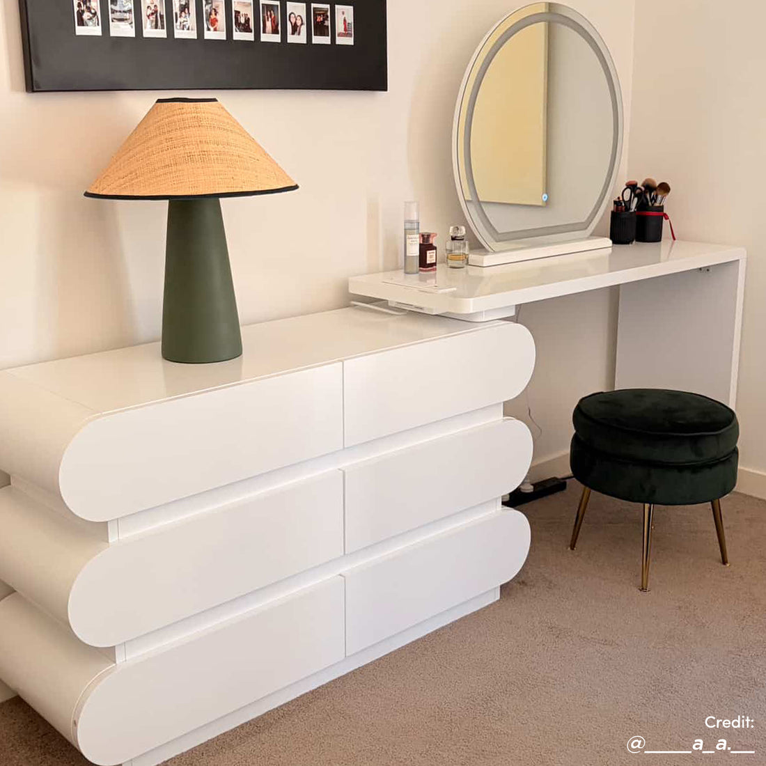 Alora LED Mirror Makeup Vanity Table with Storage in White, featuring rounded-edge drawers, extendable tabletop, circular LED