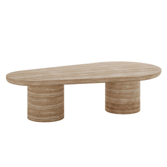Amarosa Curved Indoor/Outdoor Concrete Coffee Table Beige features a low, oval-top design in light banded stone, with a gently rounded shape and two short cylindrical legs for a modern, artistic look.