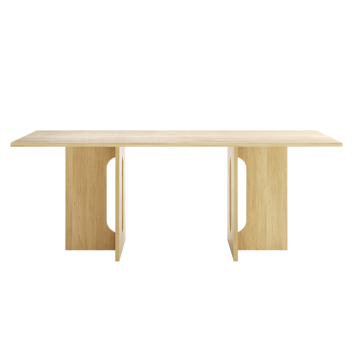 Amora 200cm Dining Table - Natural features a light-toned wooden rectangular top with two broad panel legs, each showcasing an elongated oval cut-out, highlighting its modern minimalist design.