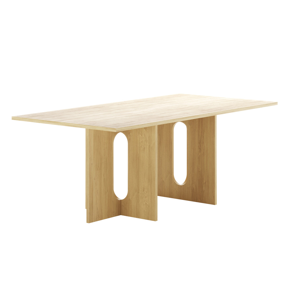 Amora 200cm Dining Table - Natural: A modern table with a light-toned wood veneer, featuring a slim tabletop and two central sculptural pedestal supports with rounded-arch cutouts, set against a plain white background.