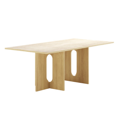 Amora 200cm Dining Table - Natural: A modern table with a light-toned wood veneer, featuring a slim tabletop and two central sculptural pedestal supports with rounded-arch cutouts, set against a plain white background.