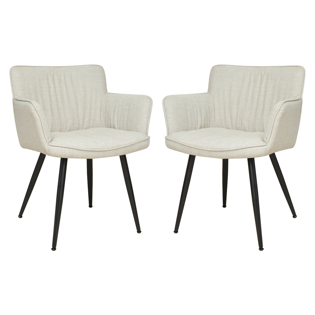 Anthony Linen Dining Chair with Arms Set of 2 in Beige, featuring cream-beige textured upholstery with vertical stitching, low integrated armrests, and slim black metal legs, embodies modern elegance and comfort.